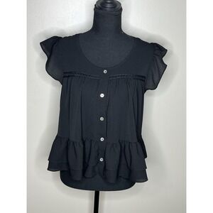Liberty Love Black Tunic Babydoll Button Front Ruffled Blouse Size Medium
